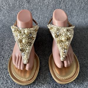 Kate Spade Imani Gold Pearl Embellished T-Strap Thong Dressy Wedding Sandals 10M